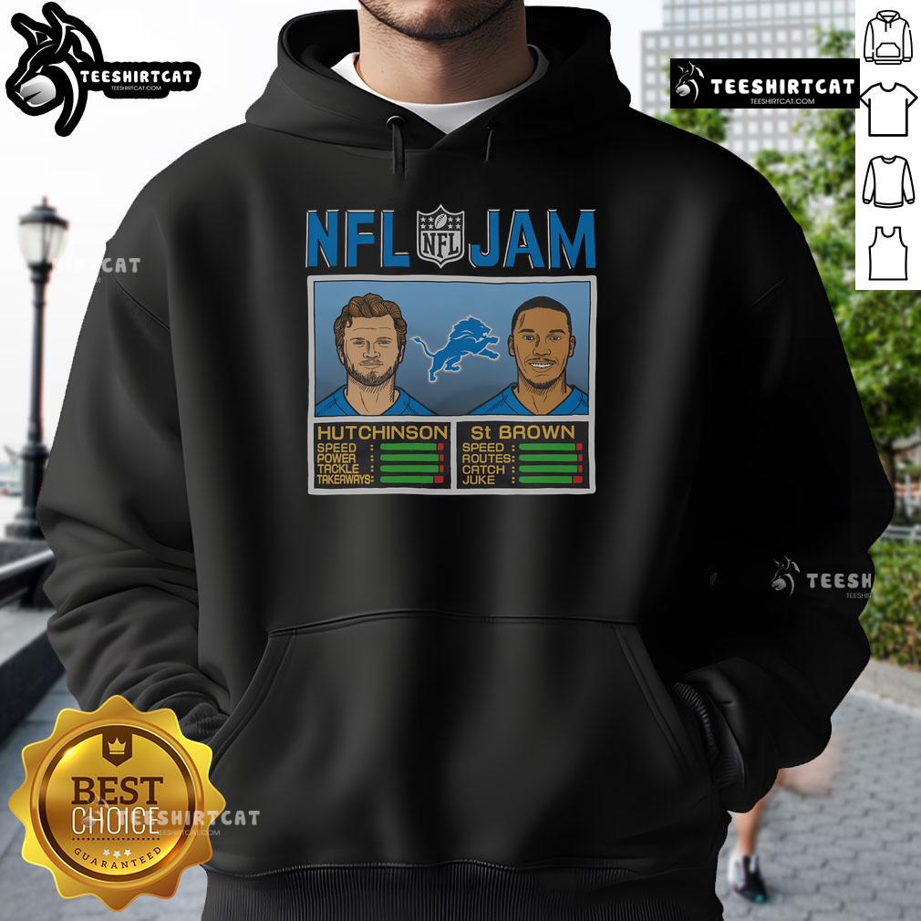 Official NFL Jam hoodie featuring Lions players Hutchinson and St. Brown, perfect for fans of Detroit football.