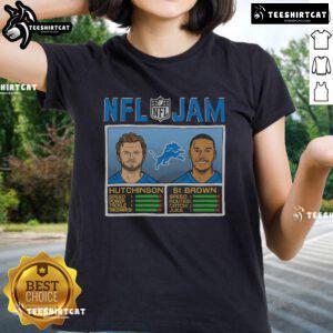 Official NFL Jam Lions Hutchinson and St. Brown ladies tee featuring team colors and player graphics for fans.