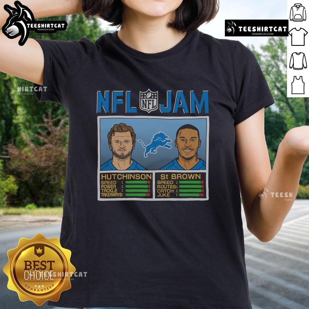 Official NFL Jam Lions Hutchinson and St. Brown ladies tee featuring team colors and player graphics for fans.