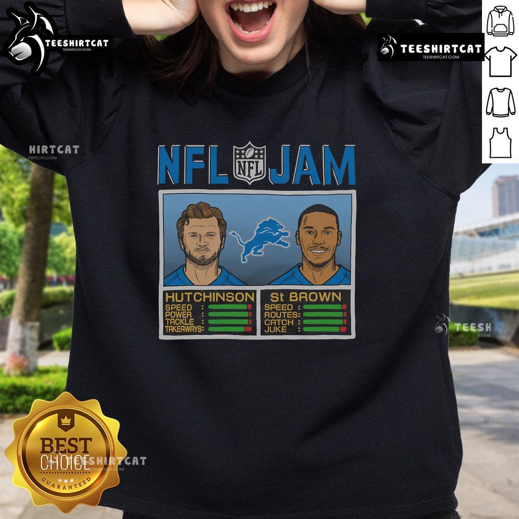 Official NFL Jam sweatshirt featuring Lions players Hutchinson and St. Brown, perfect for fans of Detroit football.
