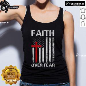 Top Christian USA flag tank top featuring 'Faith Over Fear' and a cross design, perfect for expressing your faith.