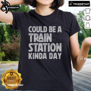 Stylish ladies tee featuring a playful train station graphic for a fun, casual day out.
