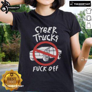 Stylish Top Cyber Trucks 'Fuck Off' Ladies Tee featuring bold graphic design, perfect for casual outfits and truck enthusiasts.