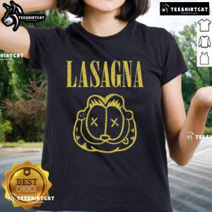 Top Garfield Smells Like Lasagna Ladies Tee featuring a colorful graphic of Garfield with lasagna, perfect for fans.