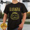 Top Garfield Smells Like Lasagna T-Shirt featuring a humorous graphic of Garfield with lasagna, perfect for cat lovers.