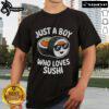 Top Just A Boy Who Loves Sushi Retro Japanese Food T-Shirt design featuring playful sushi graphics and vibrant colors.