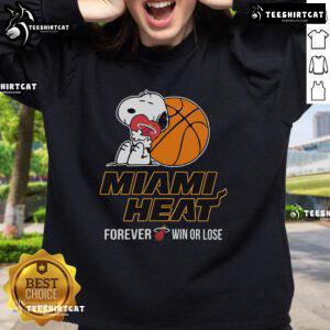 Top NBA Peanuts Movie Snoopy Forever Win or Lose basketball sweatshirt featuring Miami Heat colors and design.