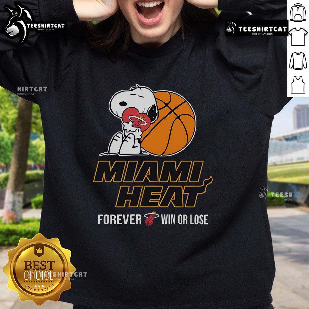 Top NBA Peanuts Movie Snoopy Forever Win or Lose basketball sweatshirt featuring Miami Heat colors and design.
