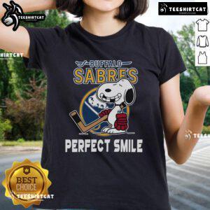 Buffalo Sabres Snoopy tee featuring a perfect smile, inspired by The Peanuts Movie, perfect for hockey ladies.