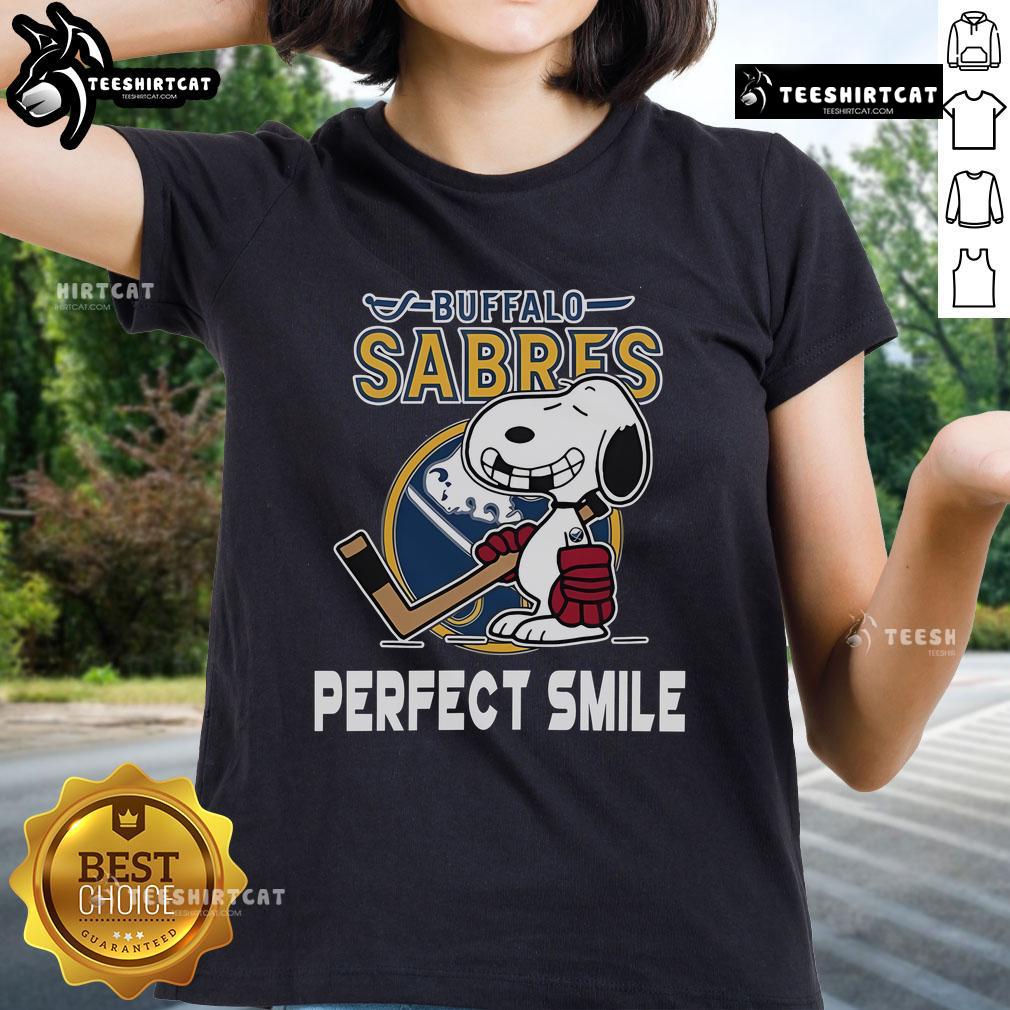 Buffalo Sabres Snoopy tee featuring a perfect smile, inspired by The Peanuts Movie, perfect for hockey ladies.