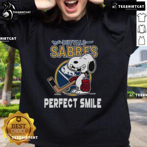 Buffalo Sabres Snoopy sweatshirt featuring a perfect smile from The Peanuts Movie, perfect for NHL fans.