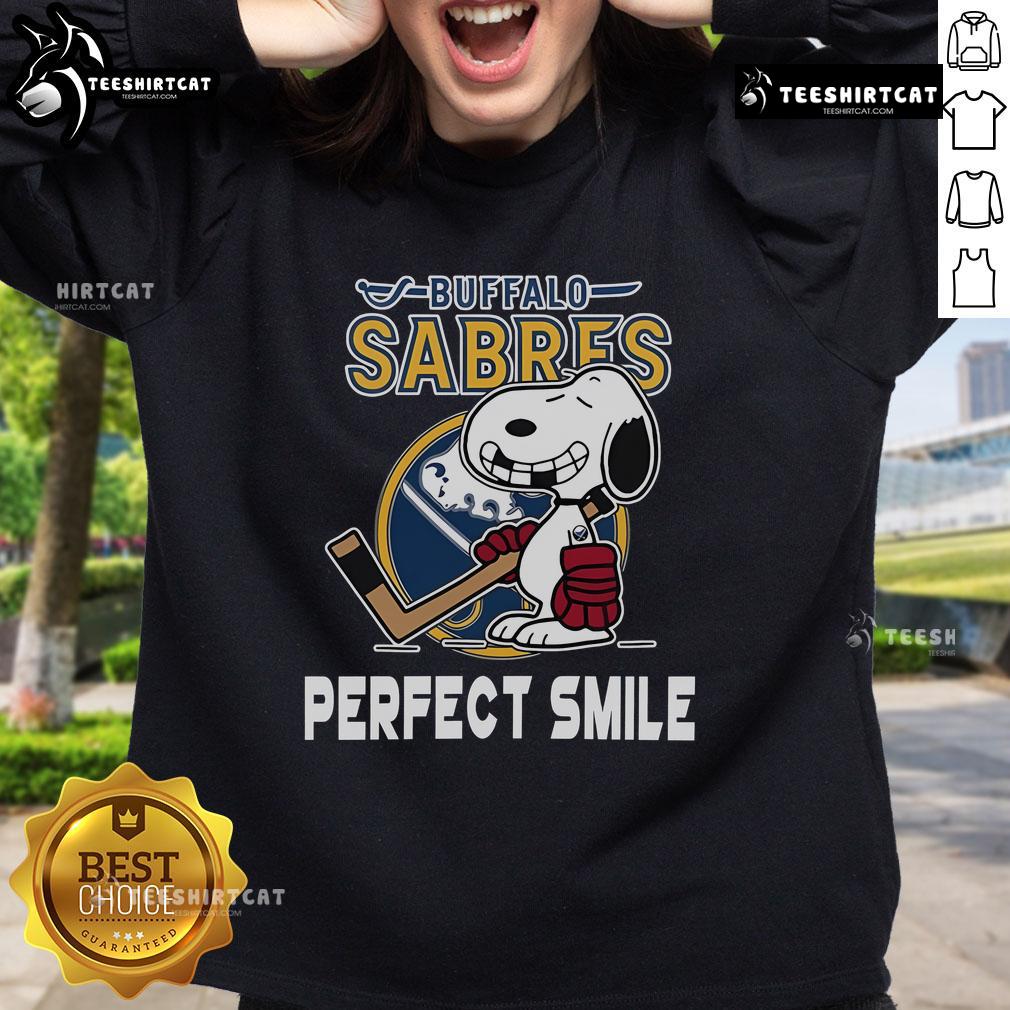 Buffalo Sabres Snoopy sweatshirt featuring a perfect smile from The Peanuts Movie, perfect for NHL fans.