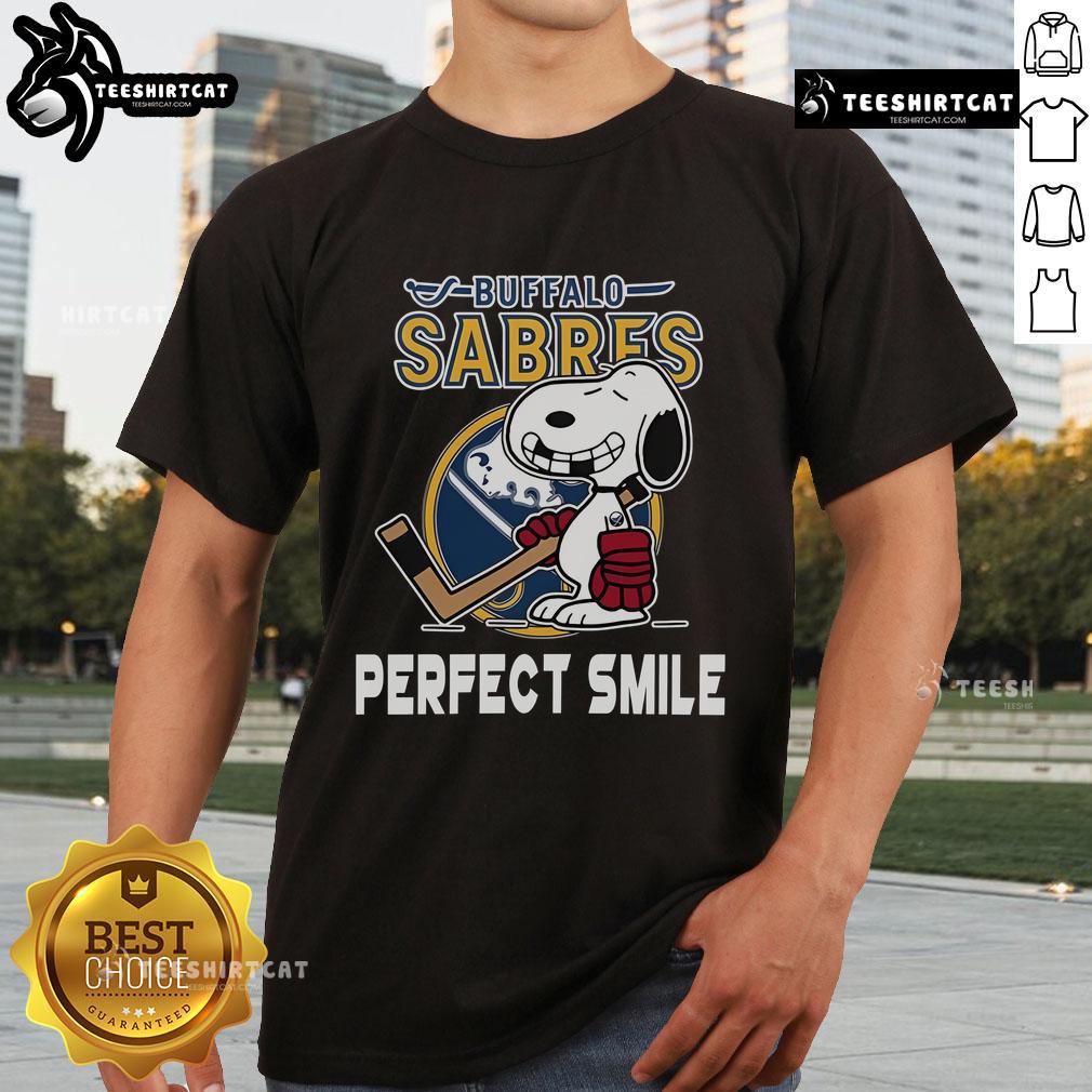 Alt Text: Buffalo Sabres Snoopy Perfect Smile T-Shirt featuring The Peanuts Movie character, ideal for hockey fans.