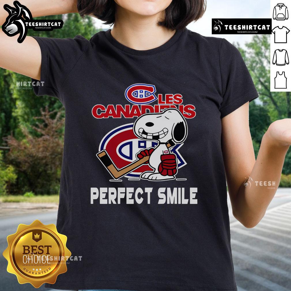 Montreal Canadiens Snoopy tee for ladies featuring a perfect smile design from The Peanuts Movie, ideal for hockey fans.