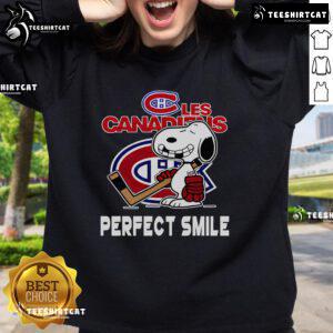 Alt Text: Top NHL Montreal Canadiens Snoopy sweatshirt featuring perfect smile design from The Peanuts Movie, ideal for hockey fans.
