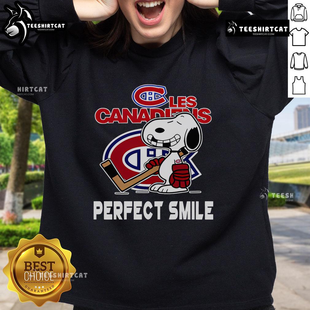 Alt Text: Top NHL Montreal Canadiens Snoopy sweatshirt featuring perfect smile design from The Peanuts Movie, ideal for hockey fans.