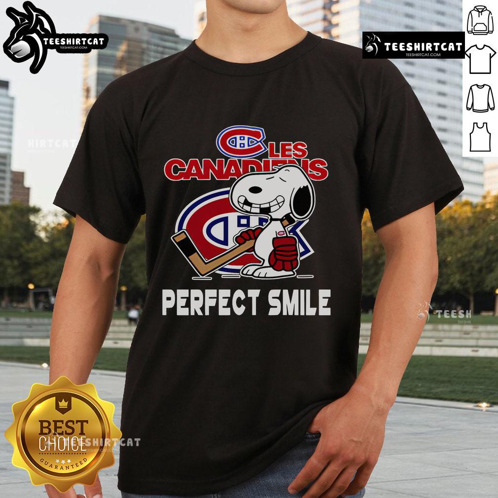 Montreal Canadiens Snoopy T-shirt featuring a perfect smile, inspired by The Peanuts Movie and NHL hockey fandom.