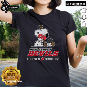 Top NHL Peanuts Movie Snoopy Forever Win or Lose Hockey New Jersey Devils ladies tee shirt design featuring Snoopy.