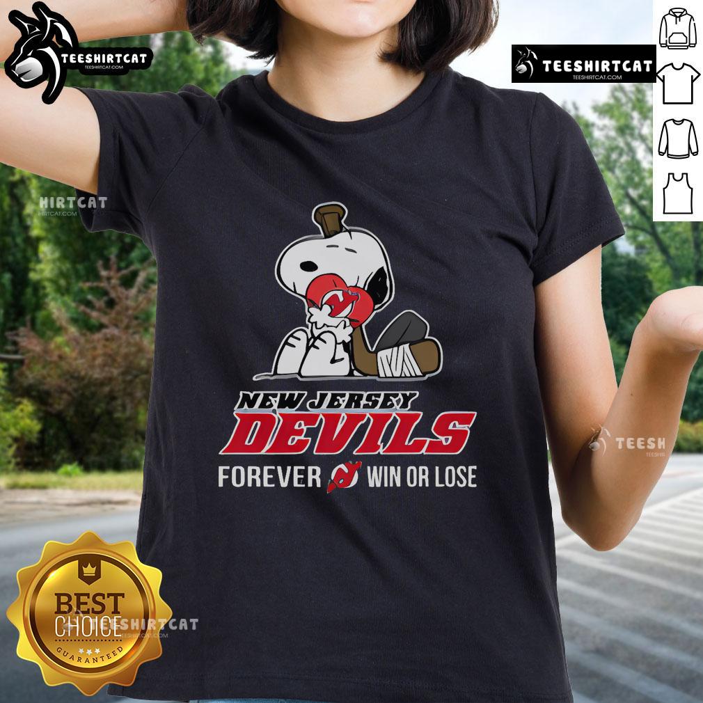 Top NHL Peanuts Movie Snoopy Forever Win or Lose Hockey New Jersey Devils ladies tee shirt design featuring Snoopy.