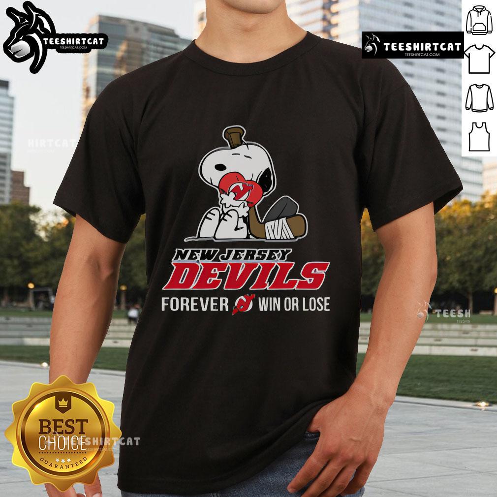 Alt Text: Top NHL The Peanuts Movie Snoopy Forever Win or Lose Hockey T-Shirt featuring New Jersey Devils design.