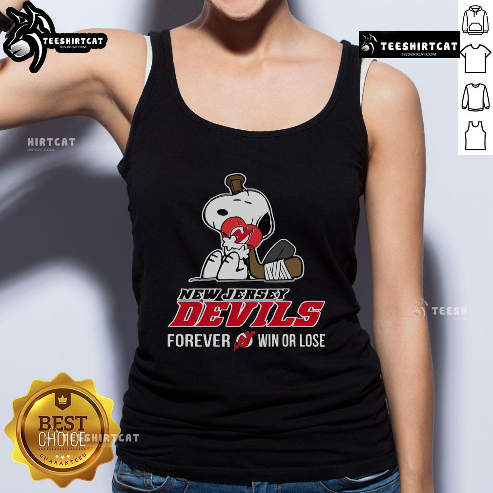 New Jersey Devils tank top featuring Snoopy from The Peanuts Movie, celebrating hockey with 'Win or Lose' design.