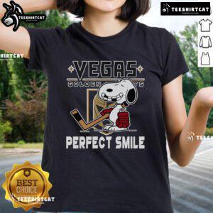Vegas Golden Knights Snoopy Perfect Smile tee for ladies, featuring The Peanuts Movie characters in hockey-themed design.