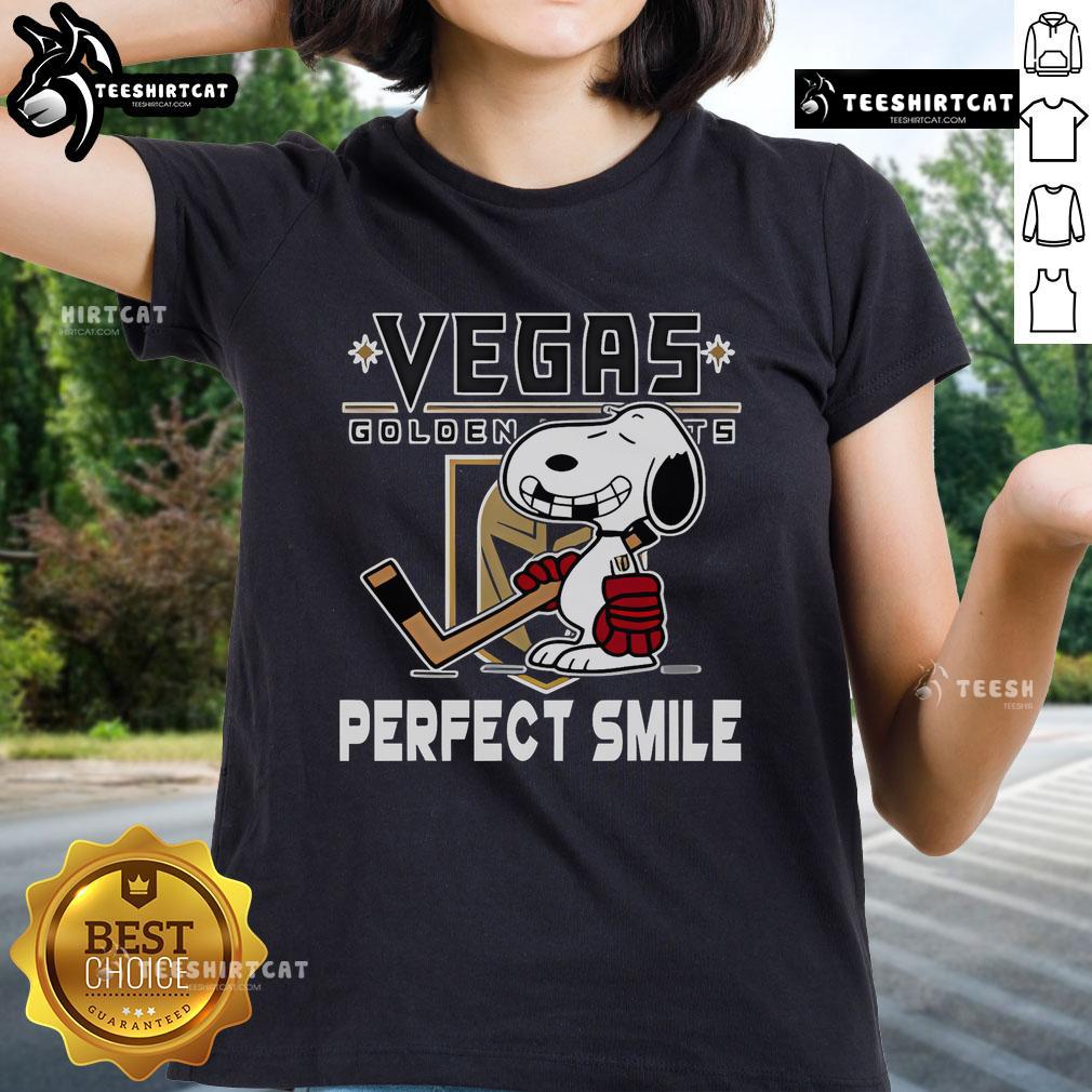 Vegas Golden Knights Snoopy Perfect Smile tee for ladies, featuring The Peanuts Movie characters in hockey-themed design.