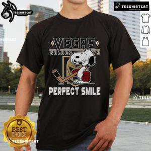 Alt Text: Top NHL Vegas Golden Knights Snoopy T-Shirt featuring a perfect smile from The Peanuts Movie, perfect for hockey fans.