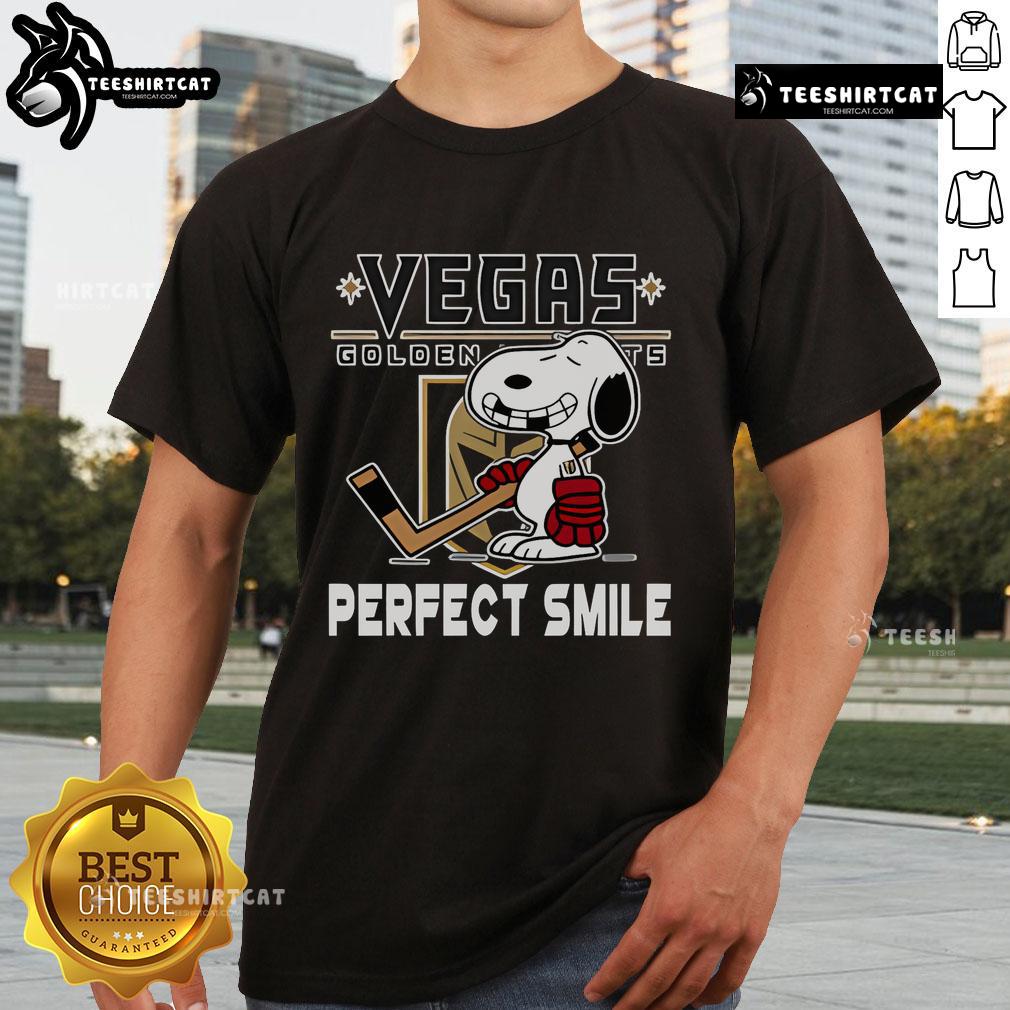Alt Text: Top NHL Vegas Golden Knights Snoopy T-Shirt featuring a perfect smile from The Peanuts Movie, perfect for hockey fans.