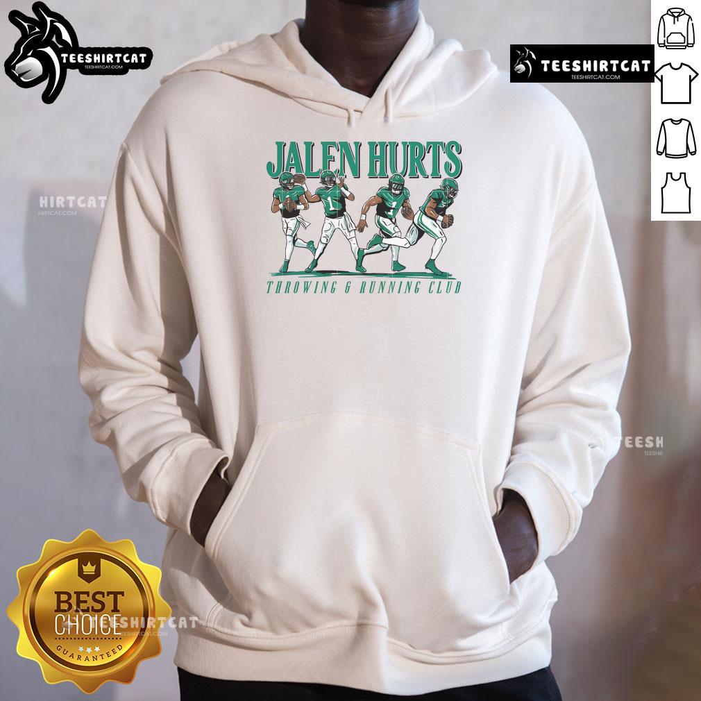 Jalen Hurts throwing football in an Awesome Jalen Hurts Throwing and Running Club hoodie, showcasing athletic style.
