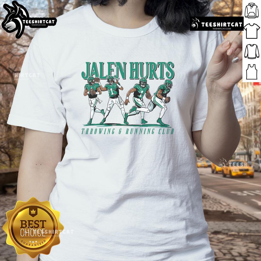 Awesome Jalen Hurts throwing and running club ladies tee showcasing a stylish design for football fans.