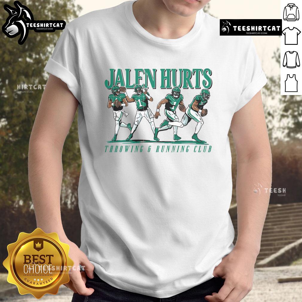 Awesome Jalen Hurts throwing and running club T-shirt featuring vibrant graphics and bold colors for football fans.