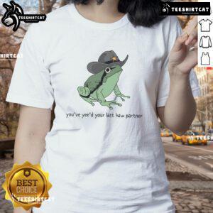 Adorable cowboy frog graphic on a ladies tee, perfect for fans of cute Western-themed apparel and humor.