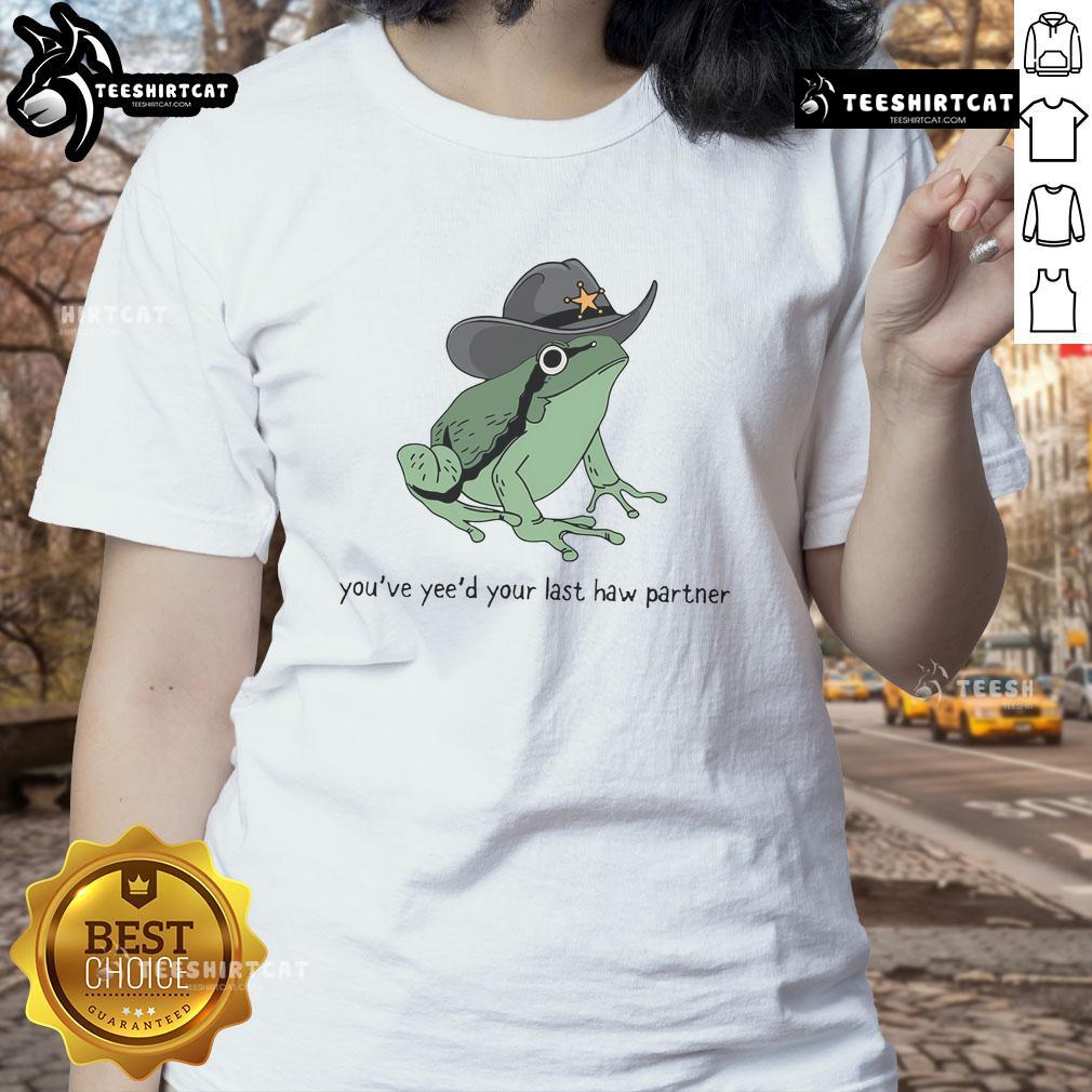 Adorable cowboy frog graphic on a ladies tee, perfect for fans of cute Western-themed apparel and humor.