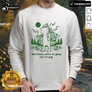 Funny cat in a colorful 'Don't Know Where I'm Going But I'm Gay' sweatshirt, showcasing a playful and vibrant design.