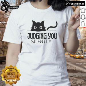 Funny cat judging you silently on a ladies tee, perfect for cat lovers and humor enthusiasts.