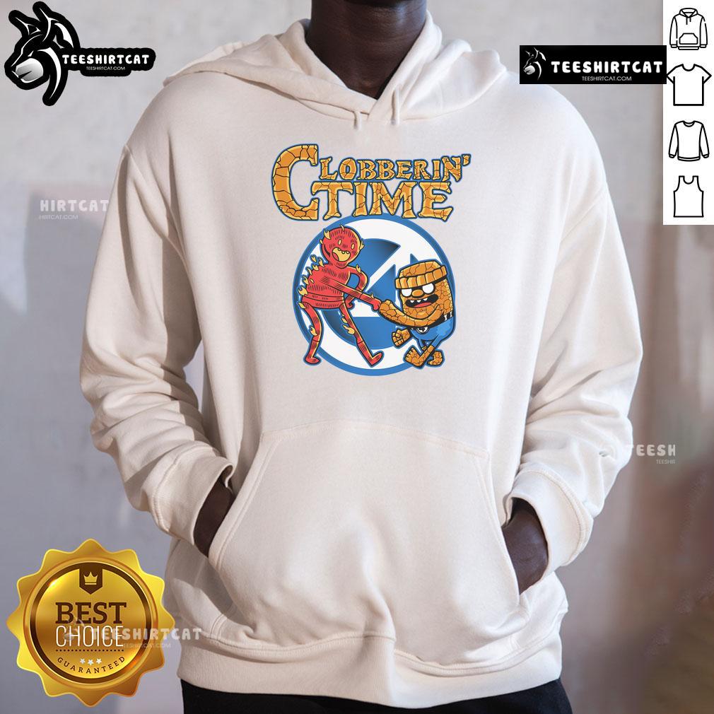 Funny Clobberin' Time Adventure Time hoodie featuring vibrant graphics of characters Finn and Jake, perfect for fans.