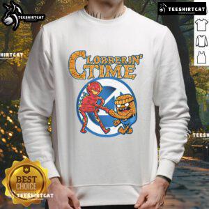 Funny Clobberin Time Adventure Time sweatshirt featuring vibrant graphics of beloved characters from the series.