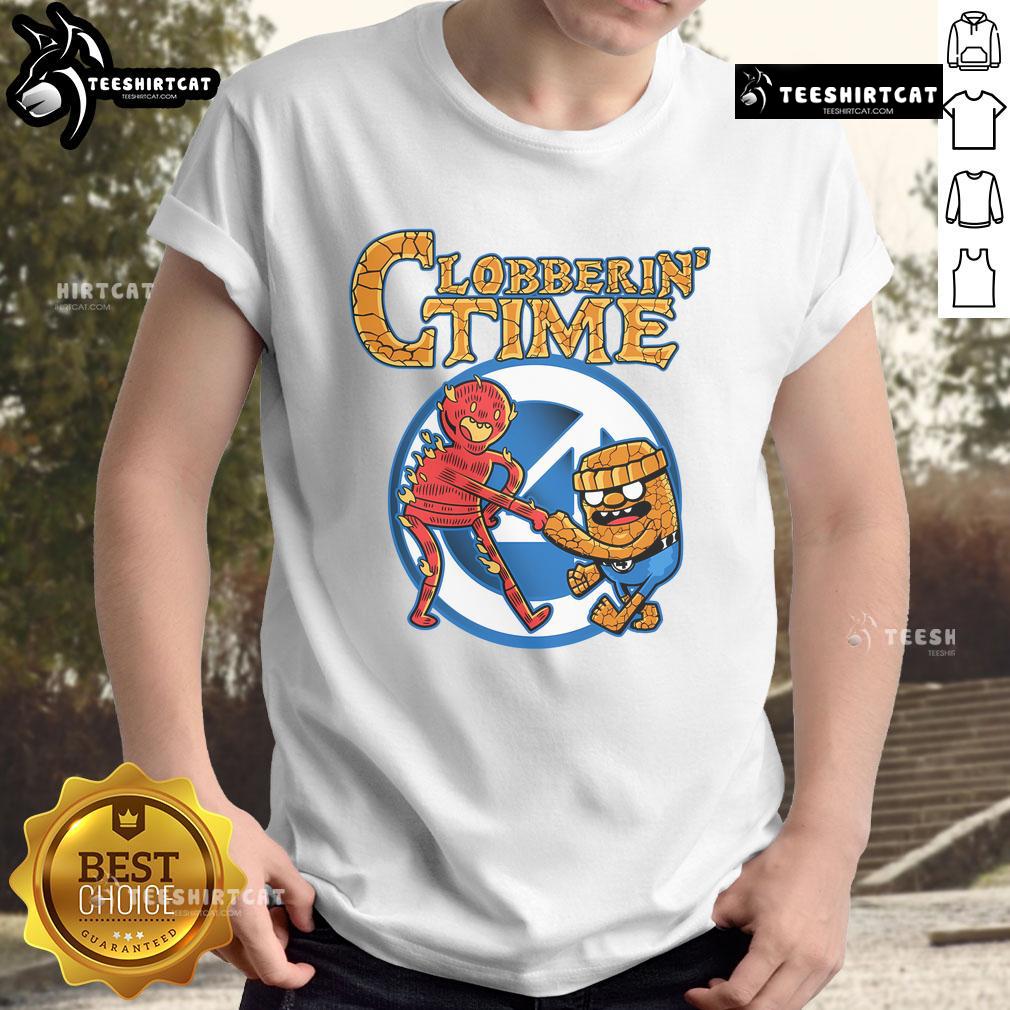 Funny Clobberin Time Adventure Time T-Shirt featuring vibrant graphics of iconic characters in a playful design.