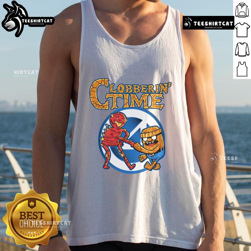 Funny Clobberin Time Adventure Time tank top featuring vibrant graphics of Finn and Jake, perfect for fans and casual wear.