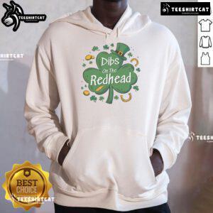 Funny Irish St. Patrick's Day hoodie with 'Dibs on the Redhead' design, featuring clovers and festive colors.