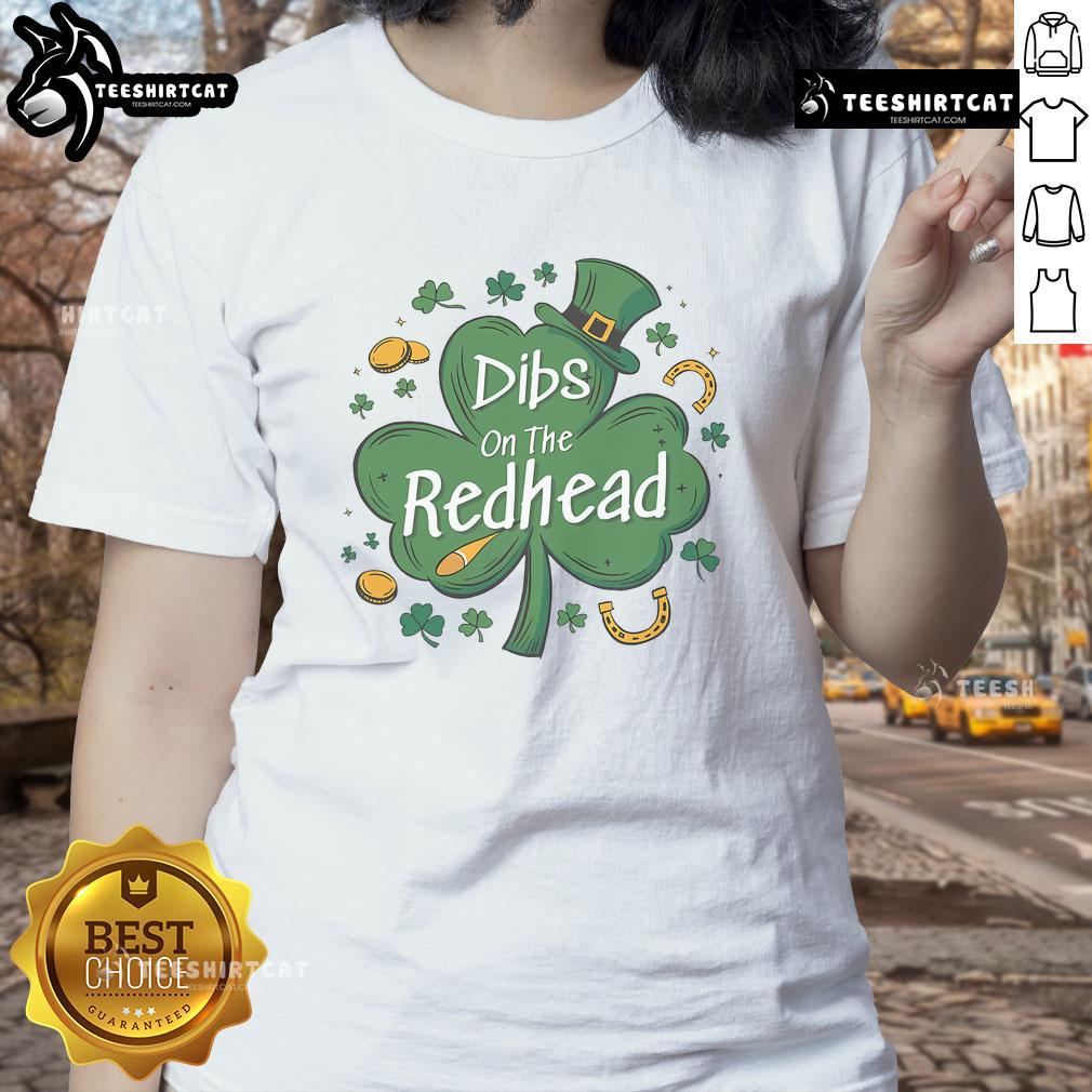 Funny Irish St. Patrick's Day tee featuring 'Dibs on the Redhead' and clover design, perfect for festive celebrations.