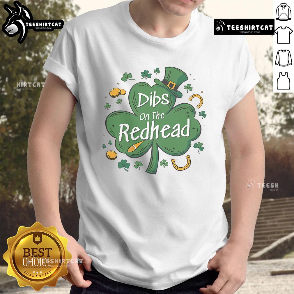 Funny Irish St Patrick's Day 'Dibs On The Redhead' Clover T-Shirt design featuring playful graphics and vibrant colors.