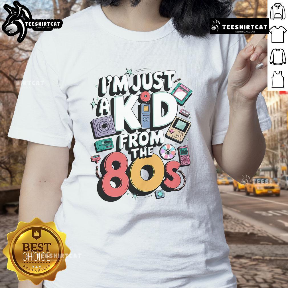 Funny retro 80s electronics vibes ladies tee featuring vintage gadgets and colorful designs, perfect for nostalgic fans.