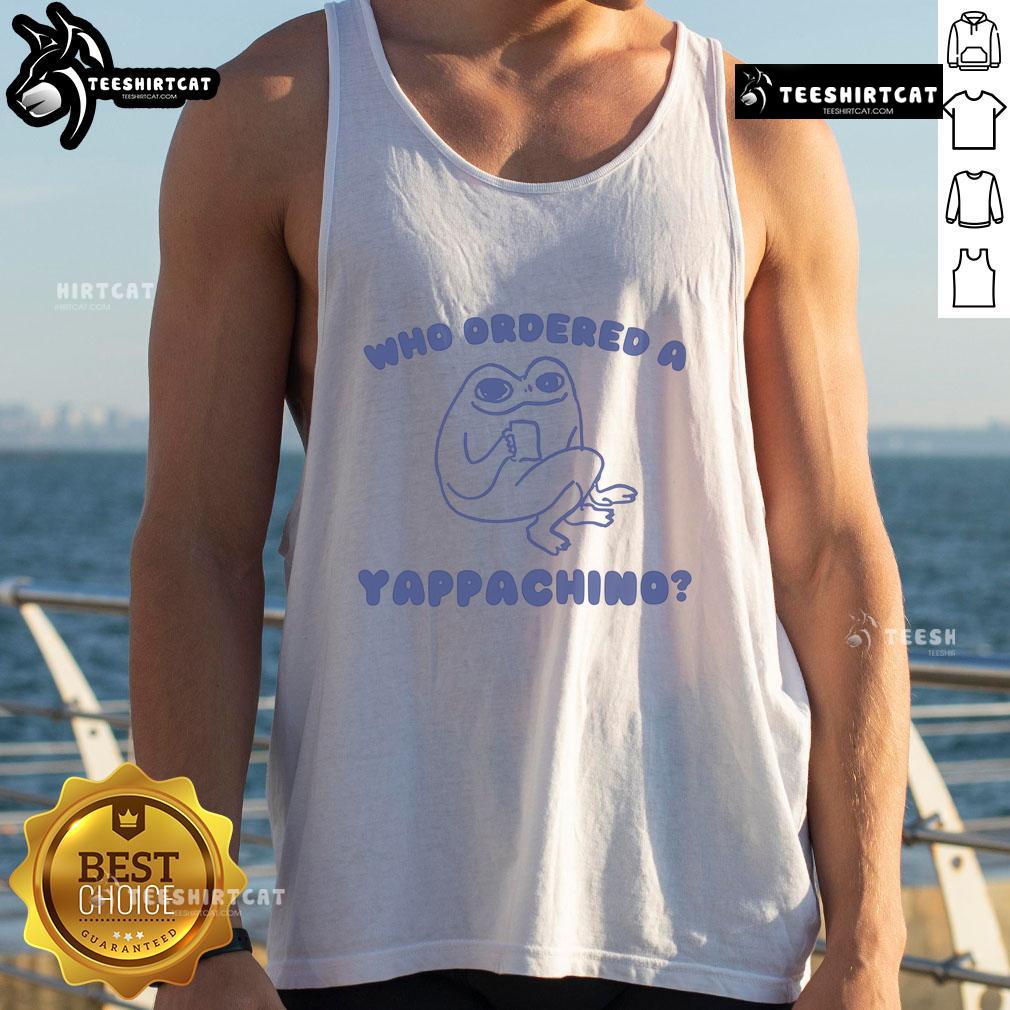 Funny 'Who Ordered a Yappachino' frog tank top featuring a whimsical frog design, perfect for casual summer wear.