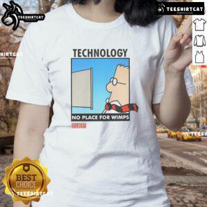 1990s Ladies' Tee featuring 'Good Dilbert Technology: No Place for Wimps' graphic, perfect for retro cartoon fans.
