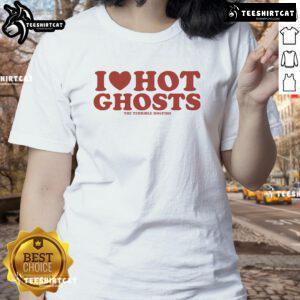 Good I Heart Hot Ghosts Terrible Dogfish Ladies Tee featuring a playful ghost design on a stylish women's shirt.