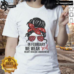 Good in February: Ladies' red tee for Heart Disease Awareness featuring a CHD design to promote awareness and support.