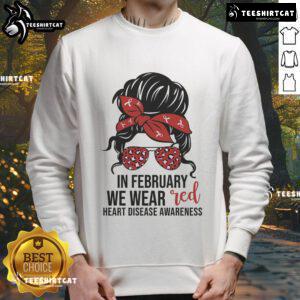 Red sweatshirt for Heart Disease Awareness Month, featuring 'Good In February' slogan and CHD heart design.