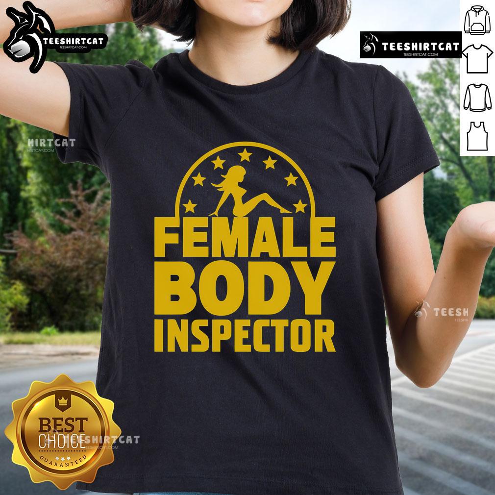 Alt Text: Good Kash Patel wearing a women's body inspector tee, showcasing a stylish and humorous design for ladies.